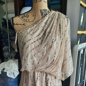 Adrianna Papell one shoulder beaded blouson gown